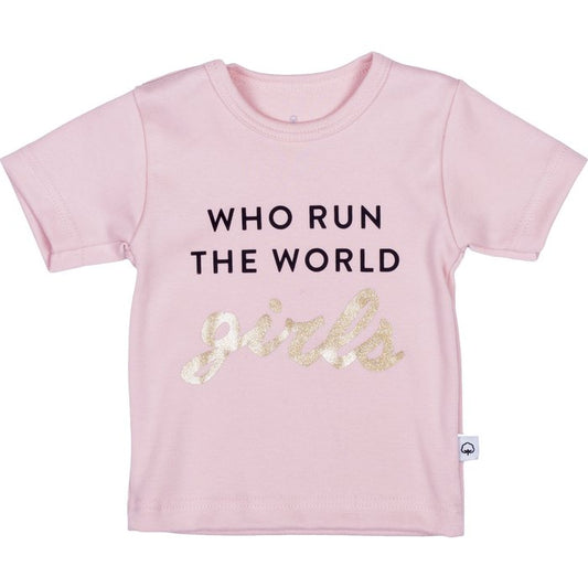 Wooden Buttons - T-shirt roze "who run the world"